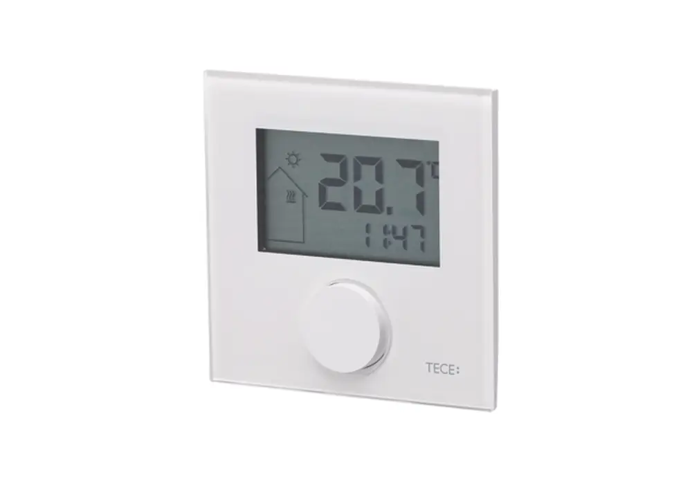 Raumthermostat mit LC-Display von TECE, Anzeige der aktuellen Temperatur und Uhrzeit, drehbarer Regler zur Temperatureinstellung.